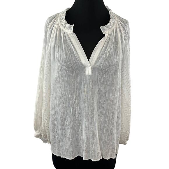 JOIE Elza White Metallic Gold Stripe Cotton Blouse V-Neck Ruffles Sheer Top S SM - Picture 2 of 9